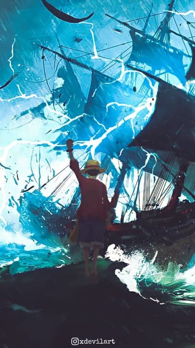Monkey D. Luffy stands against a stormy sea and lightning