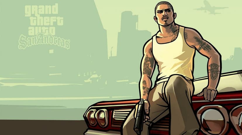Cesar Vialpando with tattoos sits on a red car hood holding a gun against a green city skyline and plane.