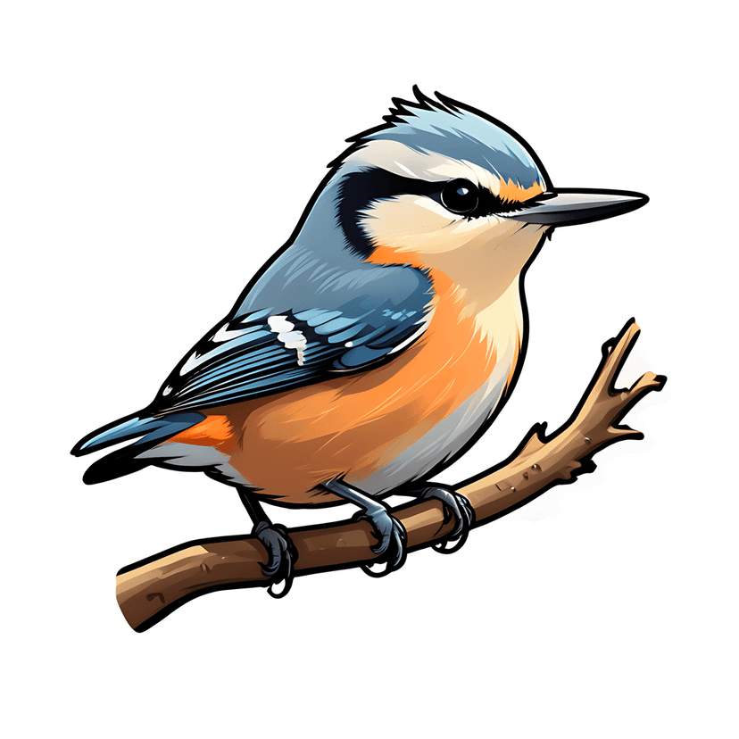 Nuthatch bird illustration in a profile view featuring blue feathers and a white die-cut border on a branch.