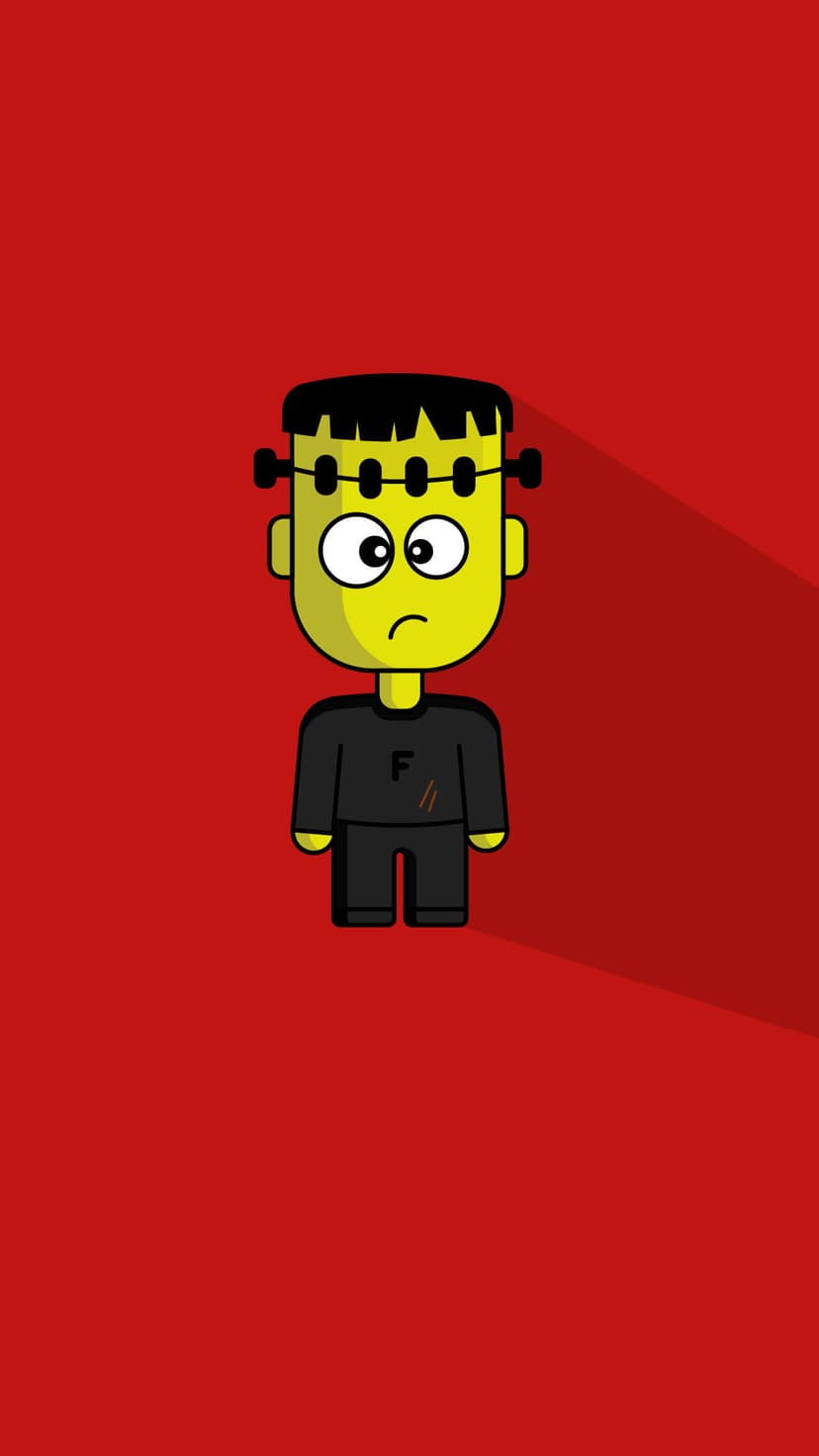 Frankenstein monster with a yellow head and black suit stands against a solid red background with a soft shadow.
