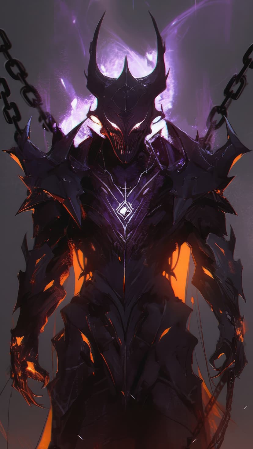 Demonic knight in spiked black armor with glowing orange embers, red eyes, and a swirling purple aura.