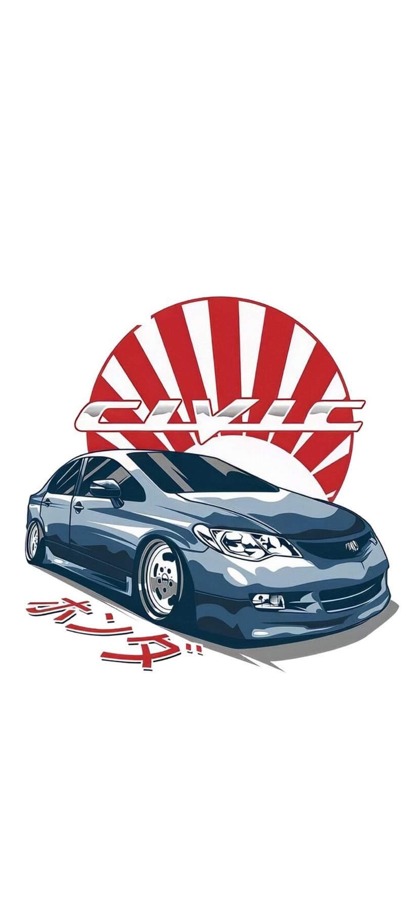 Navy Honda Civic with chrome wheels and a wide body kit sits before a red and white rising sun graphic.