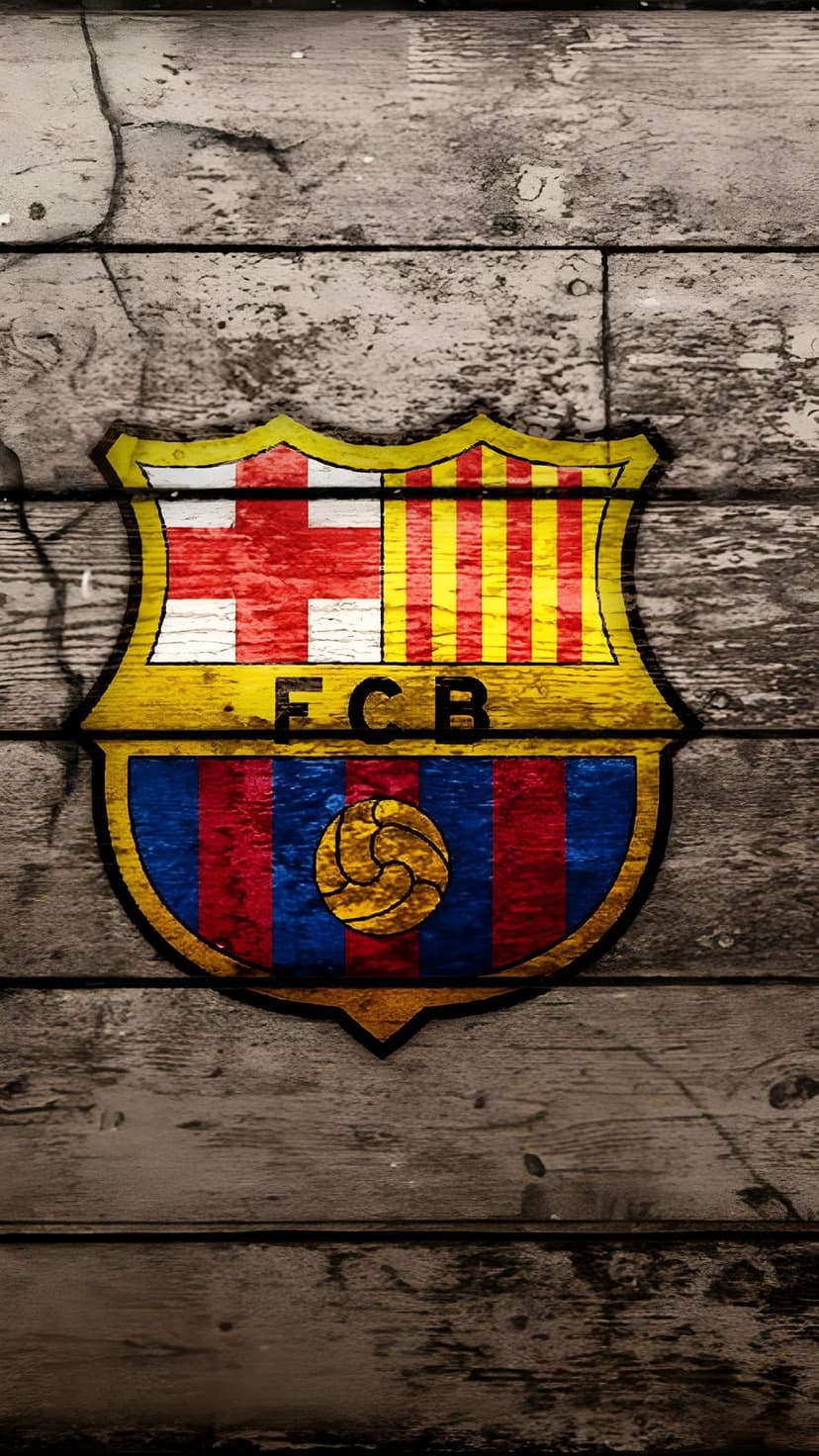 FC Barcelona crest featuring red and blue stripes on a background of distressed grey vertical wooden planks.