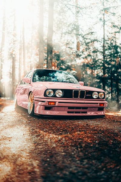 Pink BMW M3 E30 in Sunlit Forest