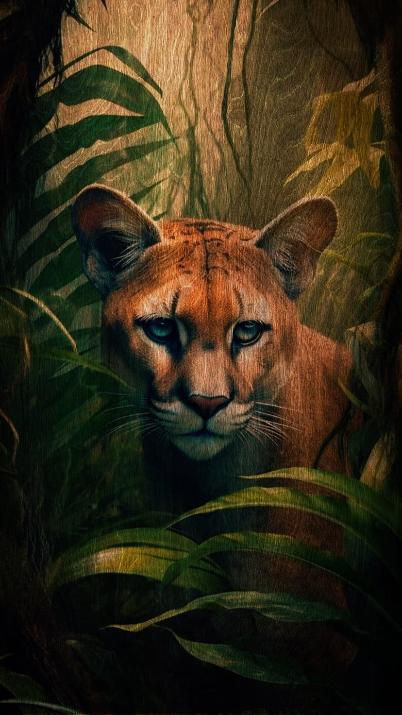 Puma with bright blue eyes hiding behind large green leaves against a textured brown wooden background.