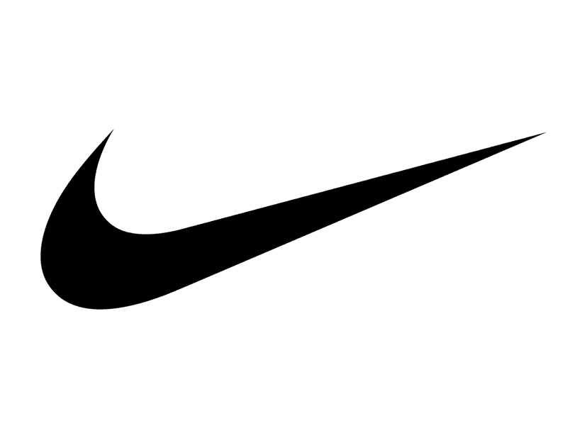Nike swoosh logo displaying a solid black slanted checkmark silhouette with sharp edges and clean lines.