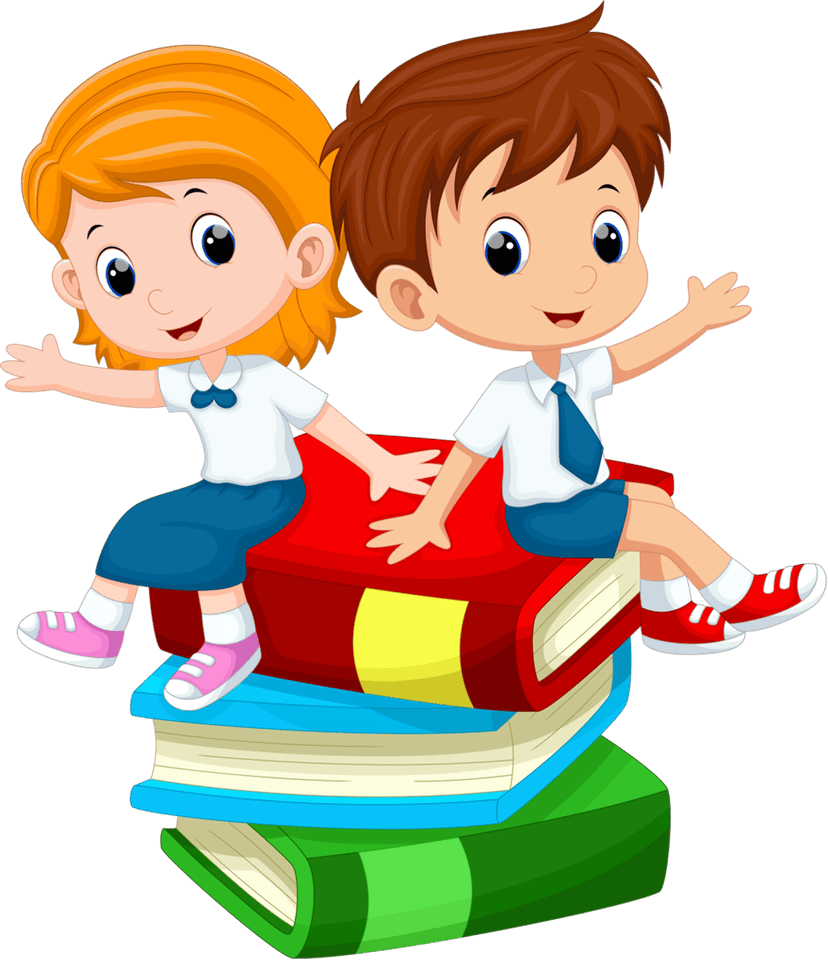 Student reading cartoon character sits holding an open yellow book with vibrant blue and red clothing details.