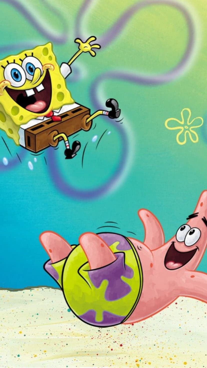 SpongeBob SquarePants leaps over Patrick Star against purple aquatic swirls and a yellow starfish outline.