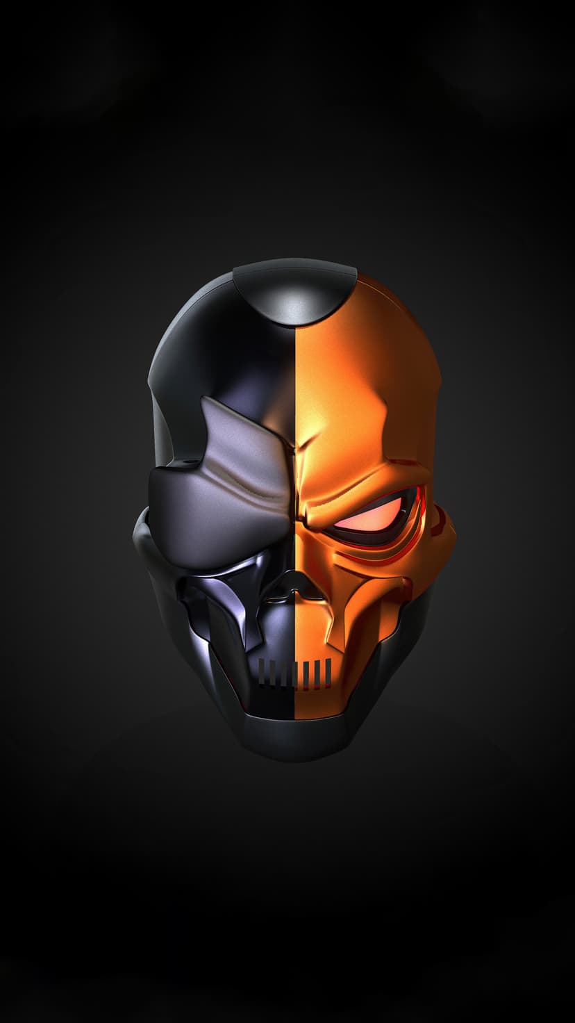 Deathstroke mask with a vertical split between metallic grey and orange plating and a glowing red eye socket.