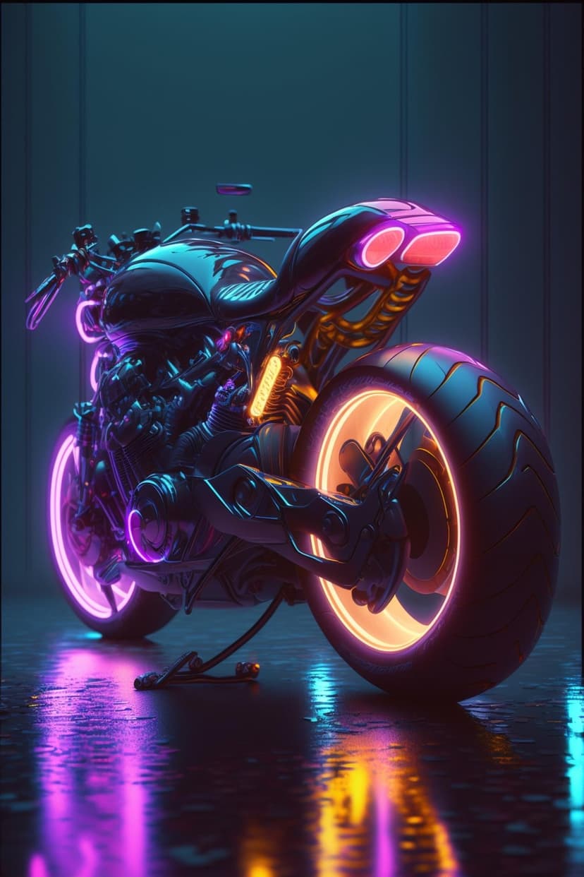 Cyberpunk motorcycle with glowing pink wheels and orange neon lights reflecting on a wet, dark pavement surface.