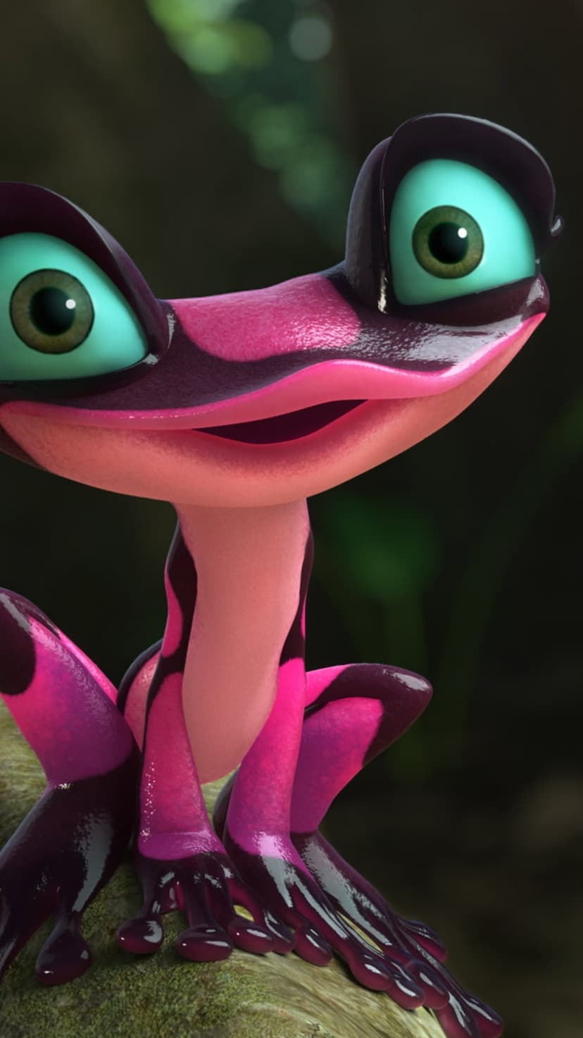 Pink and purple cartoon frog with large turquoise eyes perches on a textured branch against a blurred background.