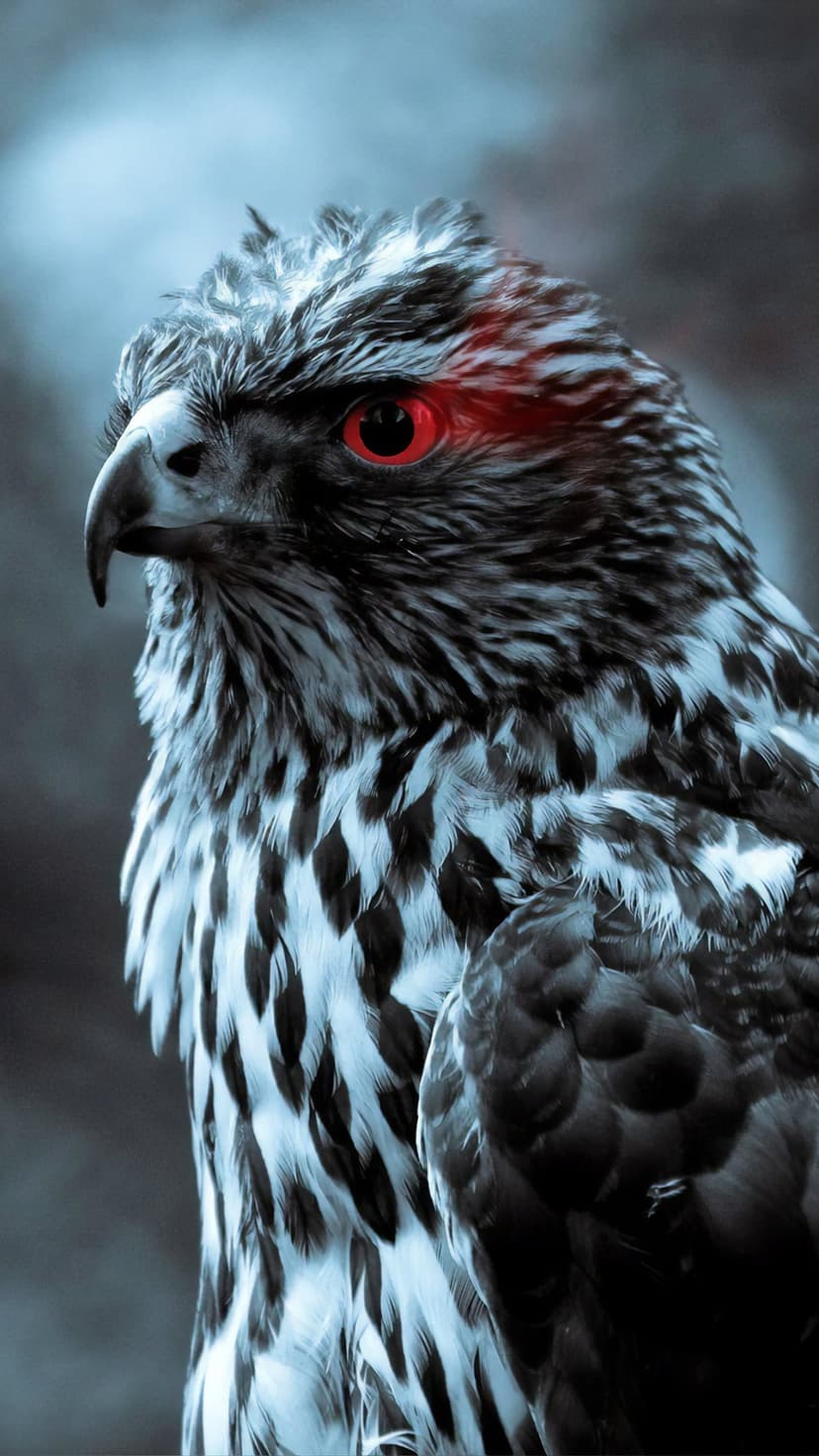Hawk with glowing red eyes and a curved beak is framed against a dark blue background in a vertical portrait.