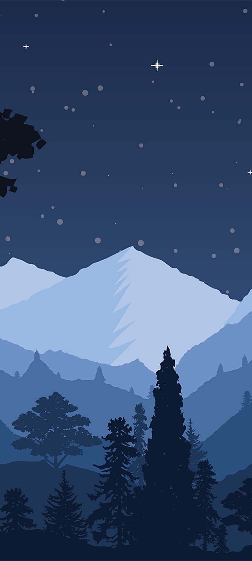 Snow-capped mountains rise above a dark pine forest under a deep blue starry sky with a bright four-pointed star.