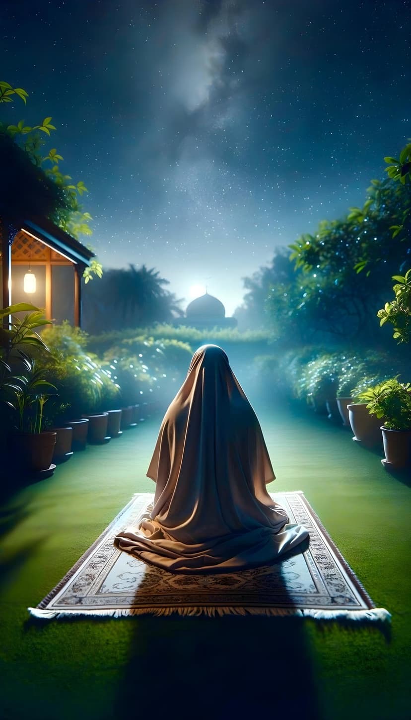Person in flowing robes prays on a rug beneath a starry sky with a bright moon and distant domed mosque silhouette.