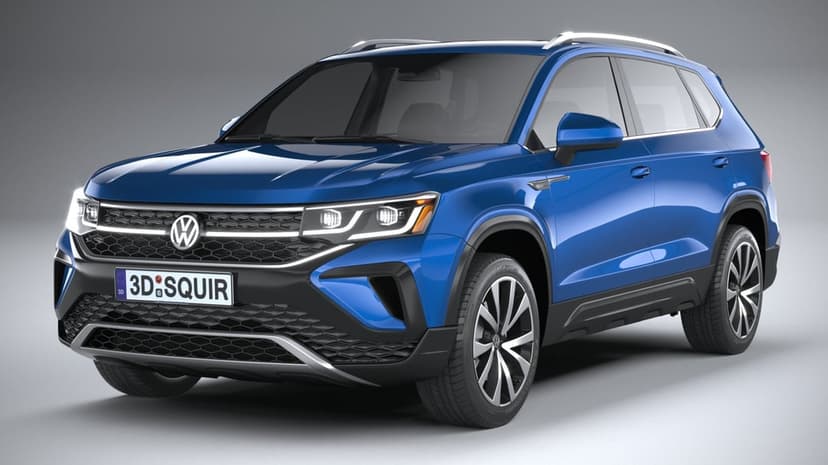 Blue metallic Volkswagen SUV with LED headlights and silver roof rails parked in a bright grey studio.