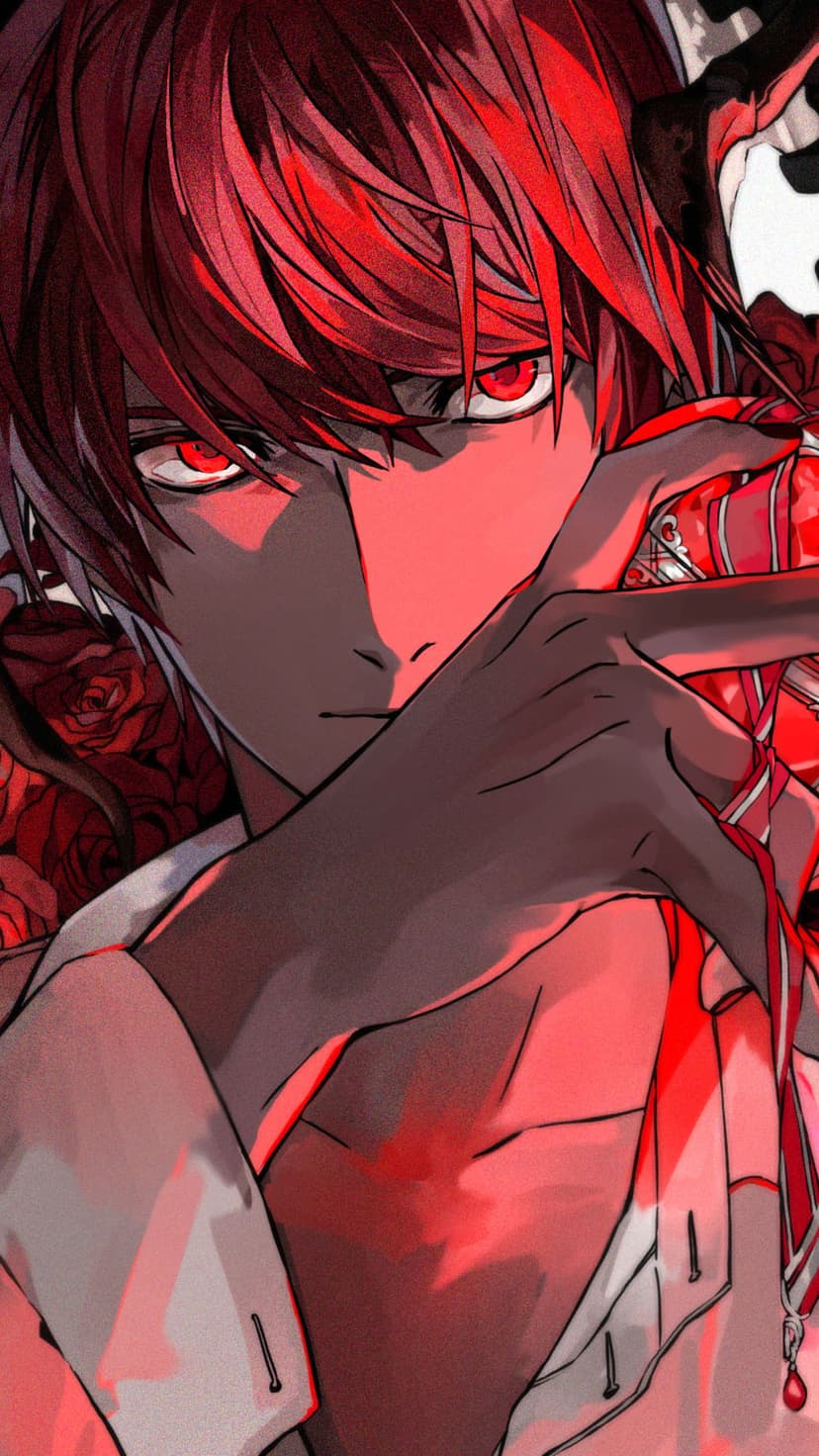 Light Yagami with glowing red eyes holds a scarlet string while surrounded by dark roses in a crimson scene.