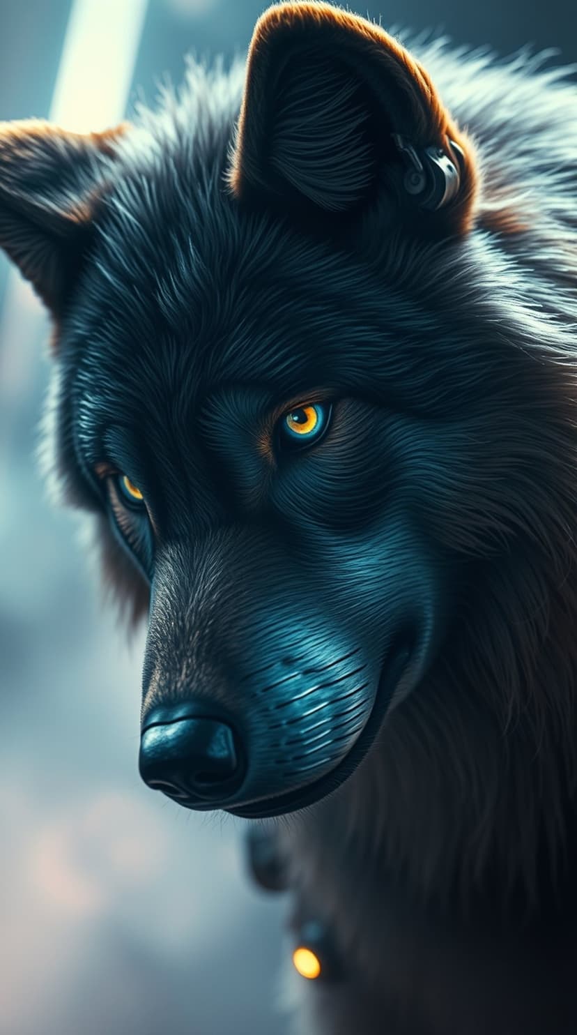 Black wolf face fills the frame with striking yellow irises and detailed fur texture against a dark background.