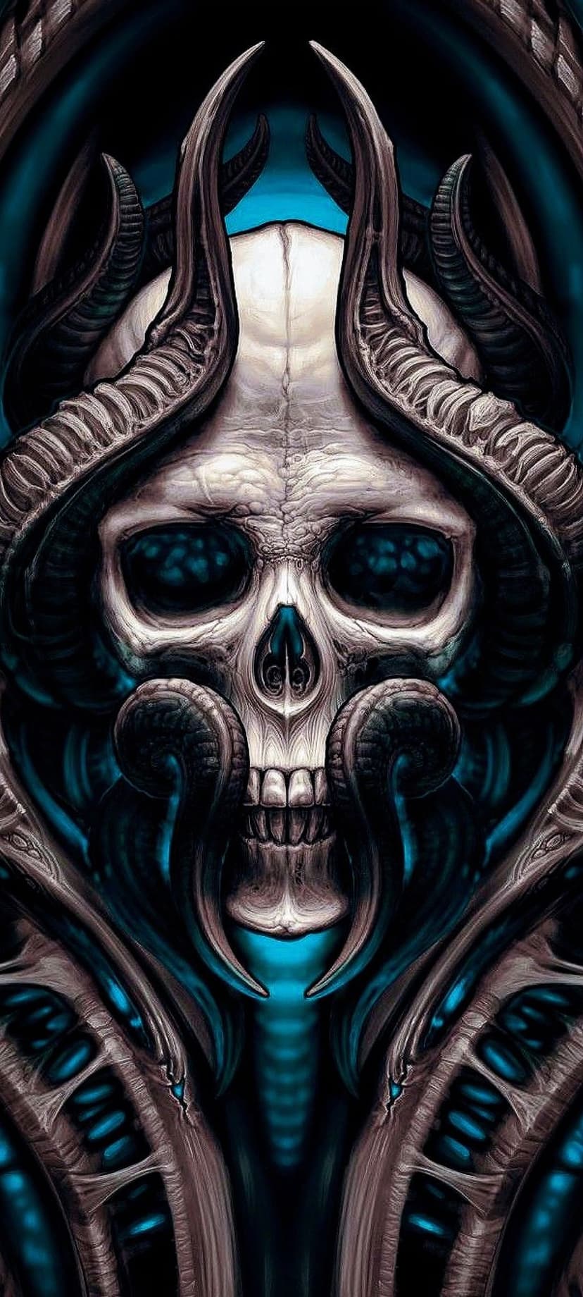 Demonic skull with curved biomechanical horns and glowing blue eyes against a luminous azure background.