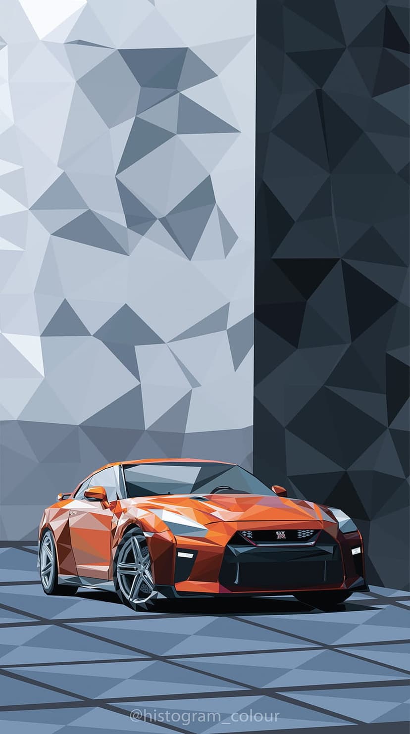 Orange Nissan GT-R with sharp geometric facets stands on a checkered floor against grey abstract shapes.