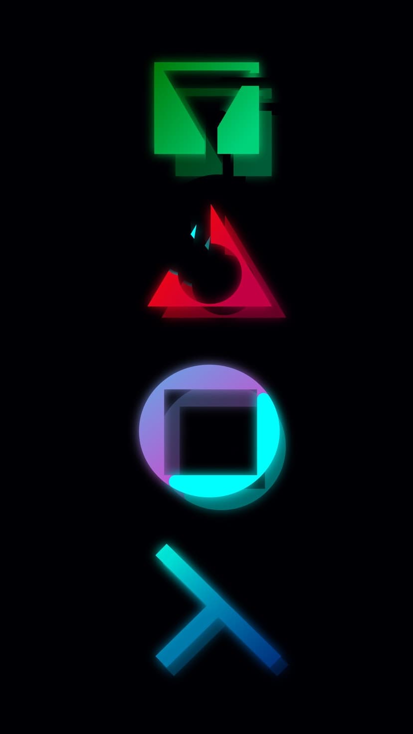 PlayStation controller symbols glow with neon glitch effects and electric blue and purple light on a black backdrop.