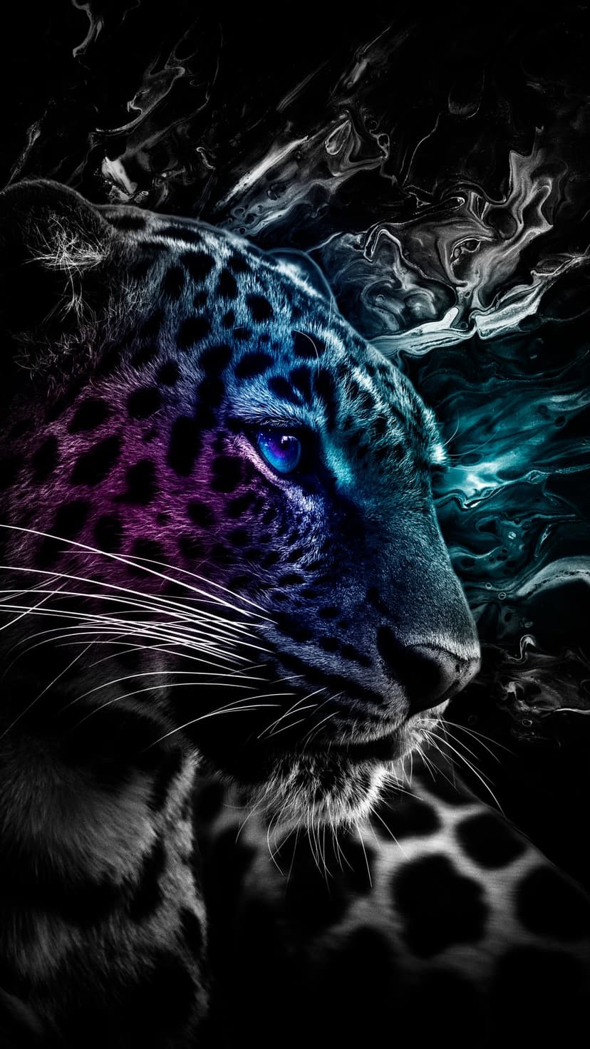 Leopard face with neon purple fur and a bright blue eye set against swirling black and white smoke patterns.