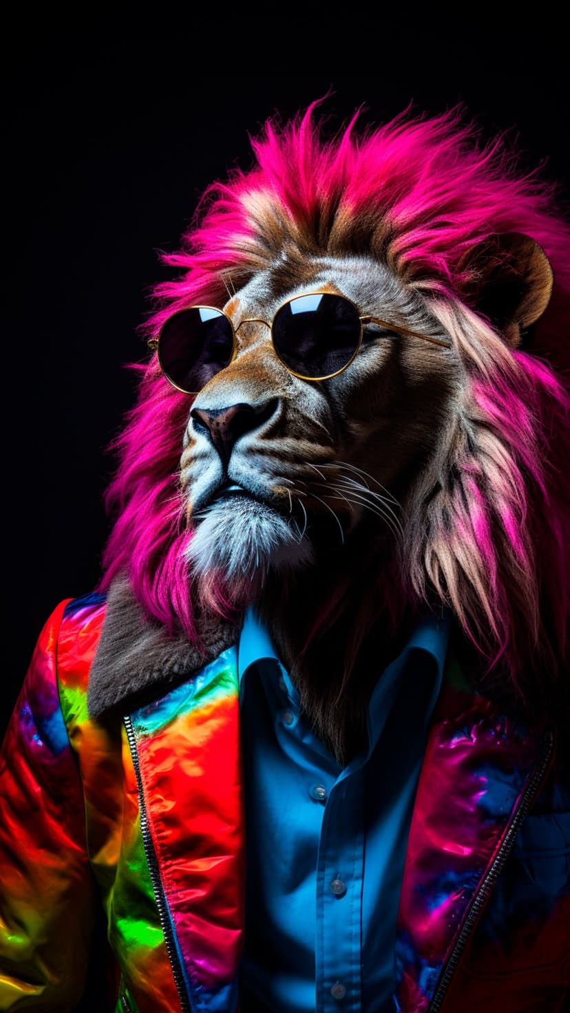 Lion with a pink mohawk, round sunglasses, and a rainbow tie-dye jacket against a solid blue background.