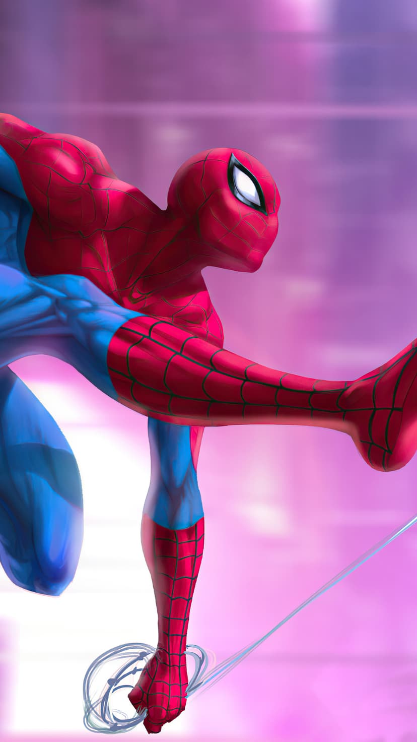 Spider-Man mid-swing with a web line against a blurred purple background in his red and blue textured hero costume.