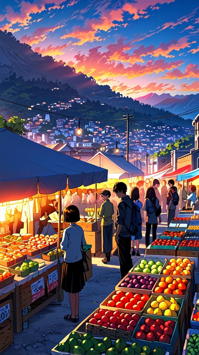 Open-air market stalls filled with colorful fruit sit beneath a purple sunset and a glowing hillside town.