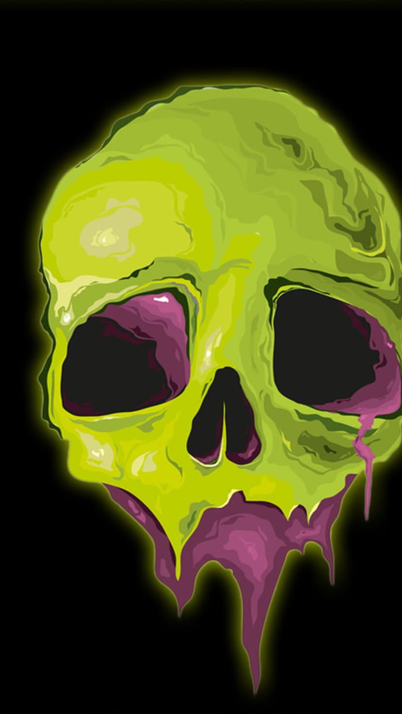 Radioactive green skull with purple fluid dripping against a black background, featuring glowing neon edges.