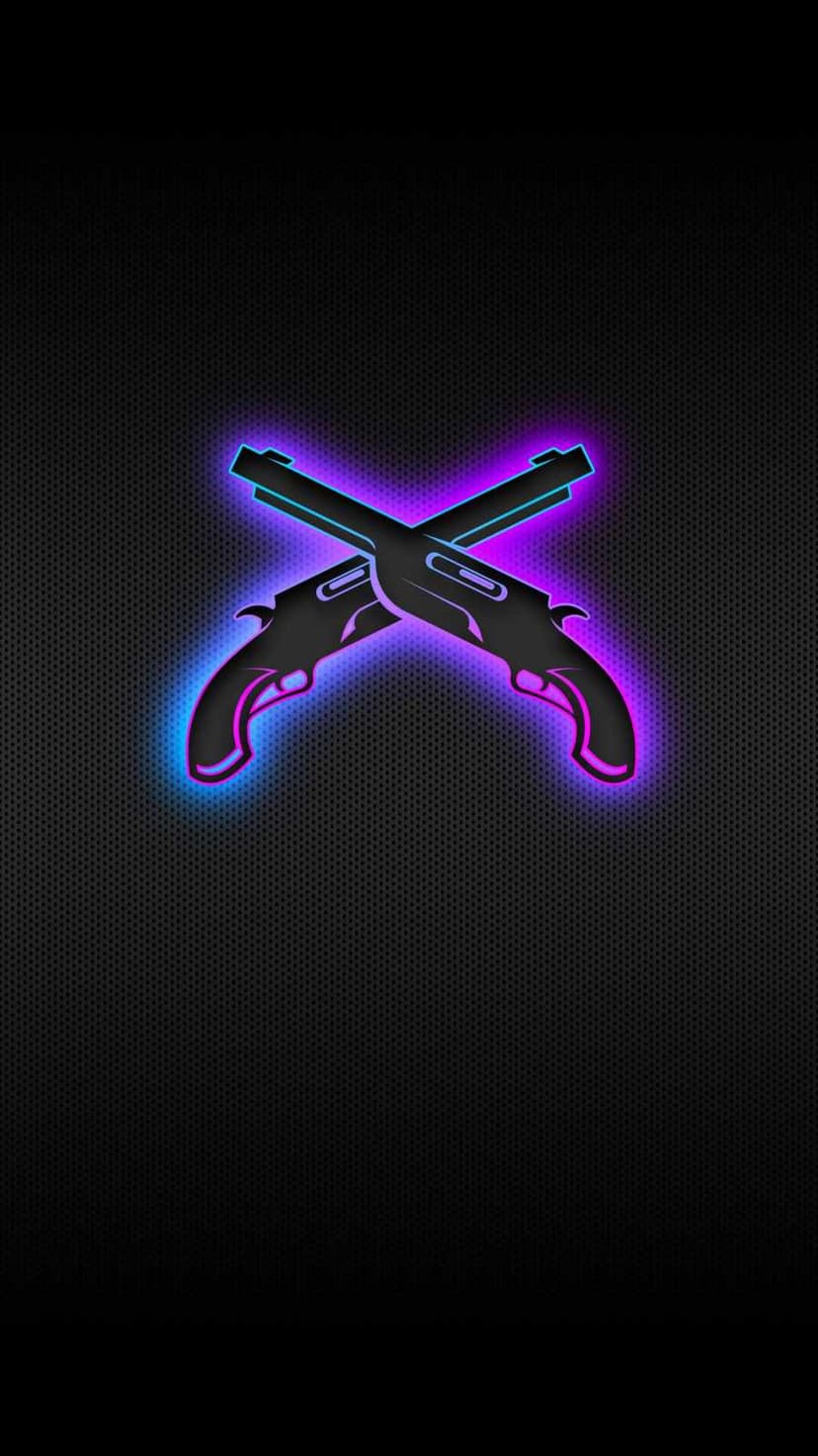 Crossed antique pistols outlined in purple and blue neon light set against a dark textured hexagonal background.