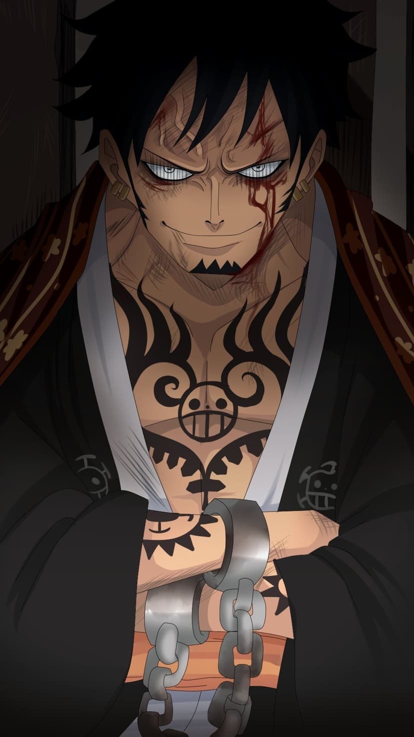 Trafalgar Law with grey eyes and chest scars stands bound by metal chains and shackles in a vertical portrait.