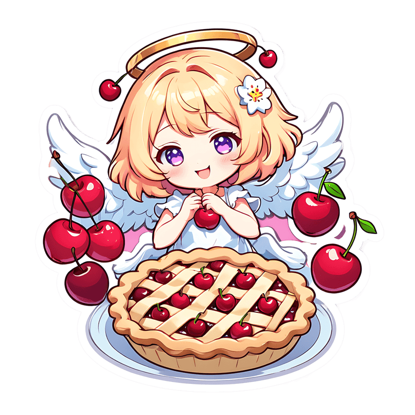 Blonde chibi angel cherry pie sticker features white wings, purple eyes, and red fruit on a light blue plate.