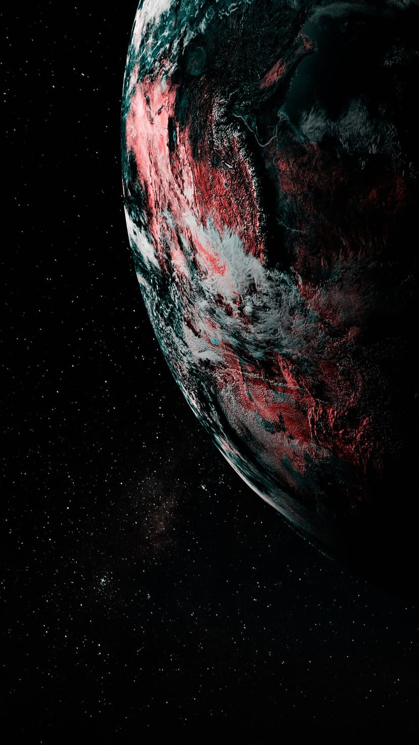 Red and teal planet with swirling clouds floats among a dense field of white stars in the dark void of space.