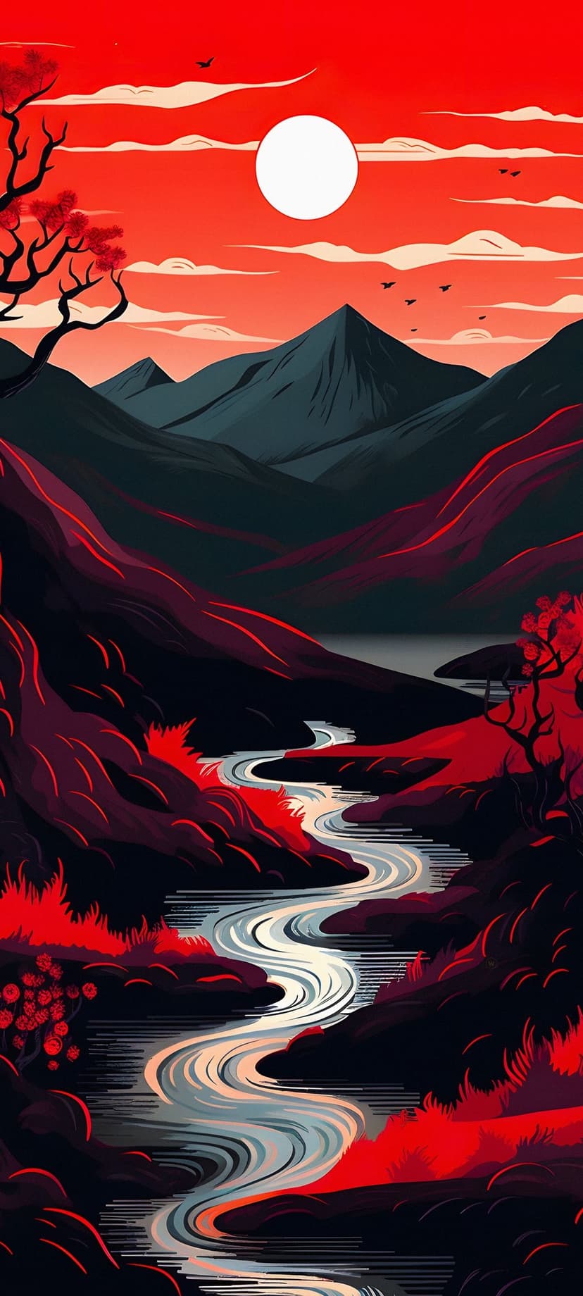 Winding river reflecting a blood-red sunset between sharp black mountain silhouettes under a glowing twilight sky.