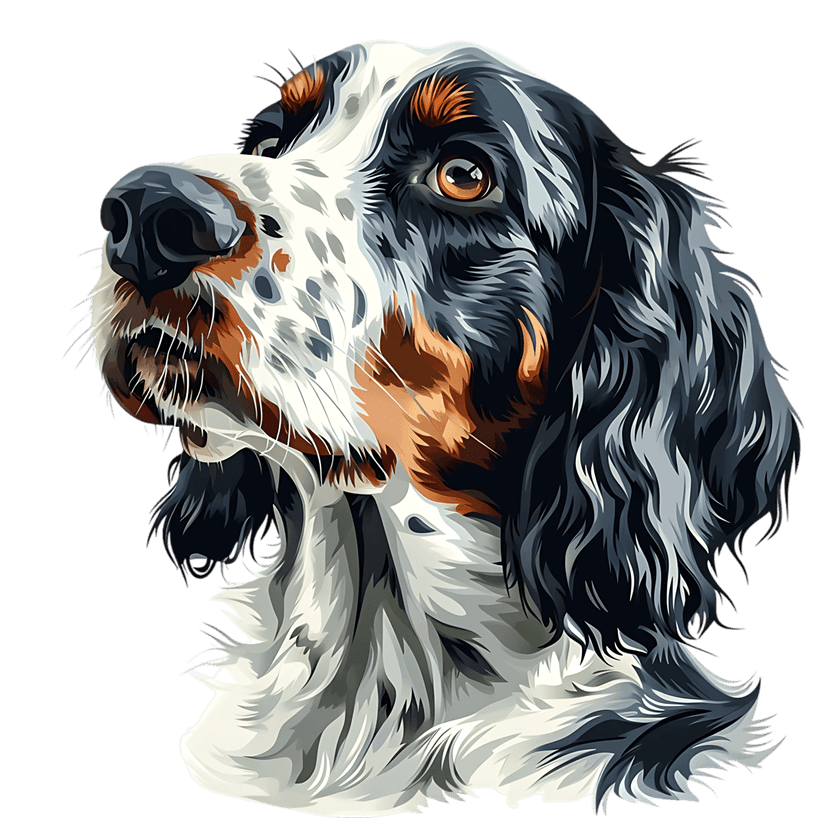 English Setter dog head portrait featuring tri-color fur and amber eyes on a dark background with sharp strokes.