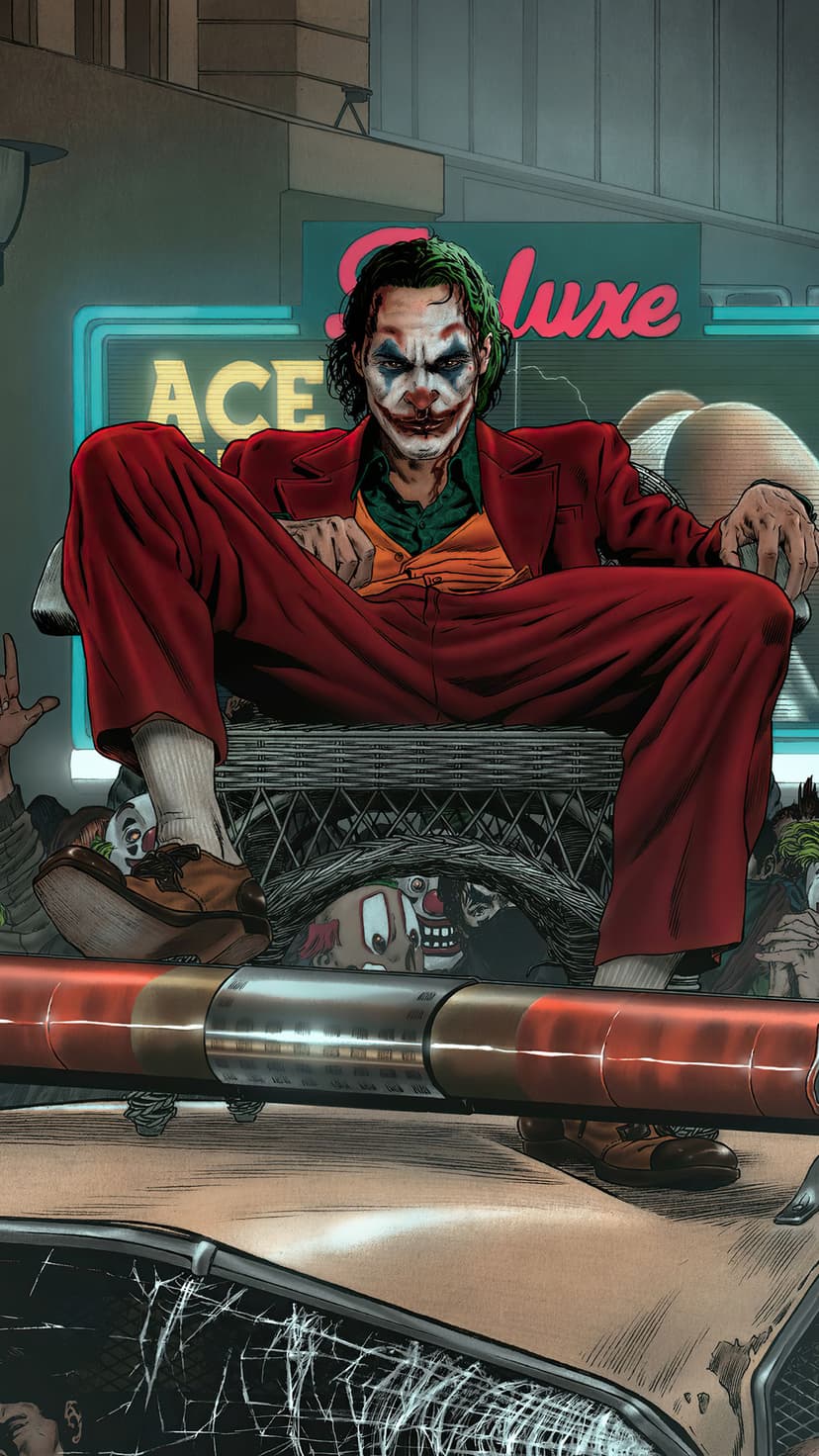 Joker wearing a red suit sits on a throne of clown masks under glowing neon signs in a moody portrait setting.