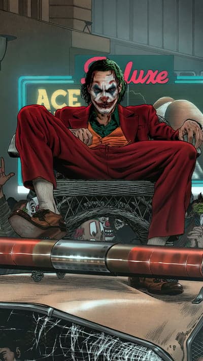 Joker in Red Suit Sitting on a Throne of Clowns
