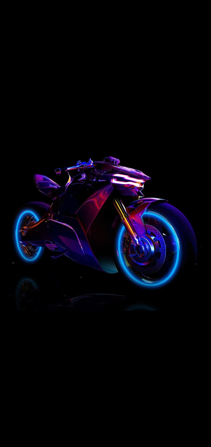 Cyberpunk motorcycle with luminous cyan wheel rims and sleek chrome plating sits on a reflective dark floor.