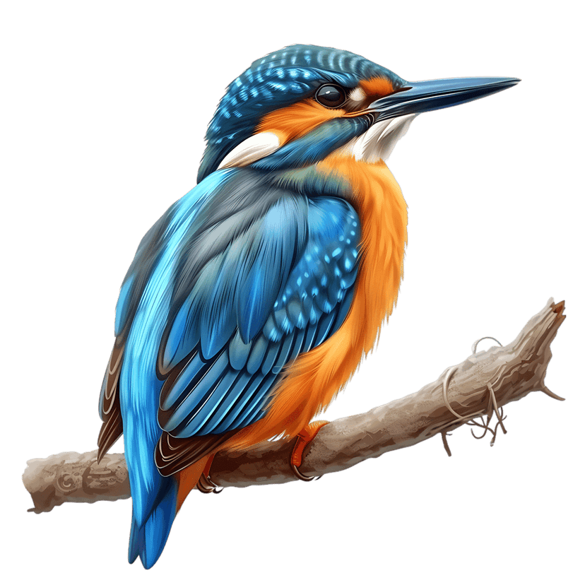 Kingfisher bird with blue and orange feathers perches on a weathered branch against a black background.