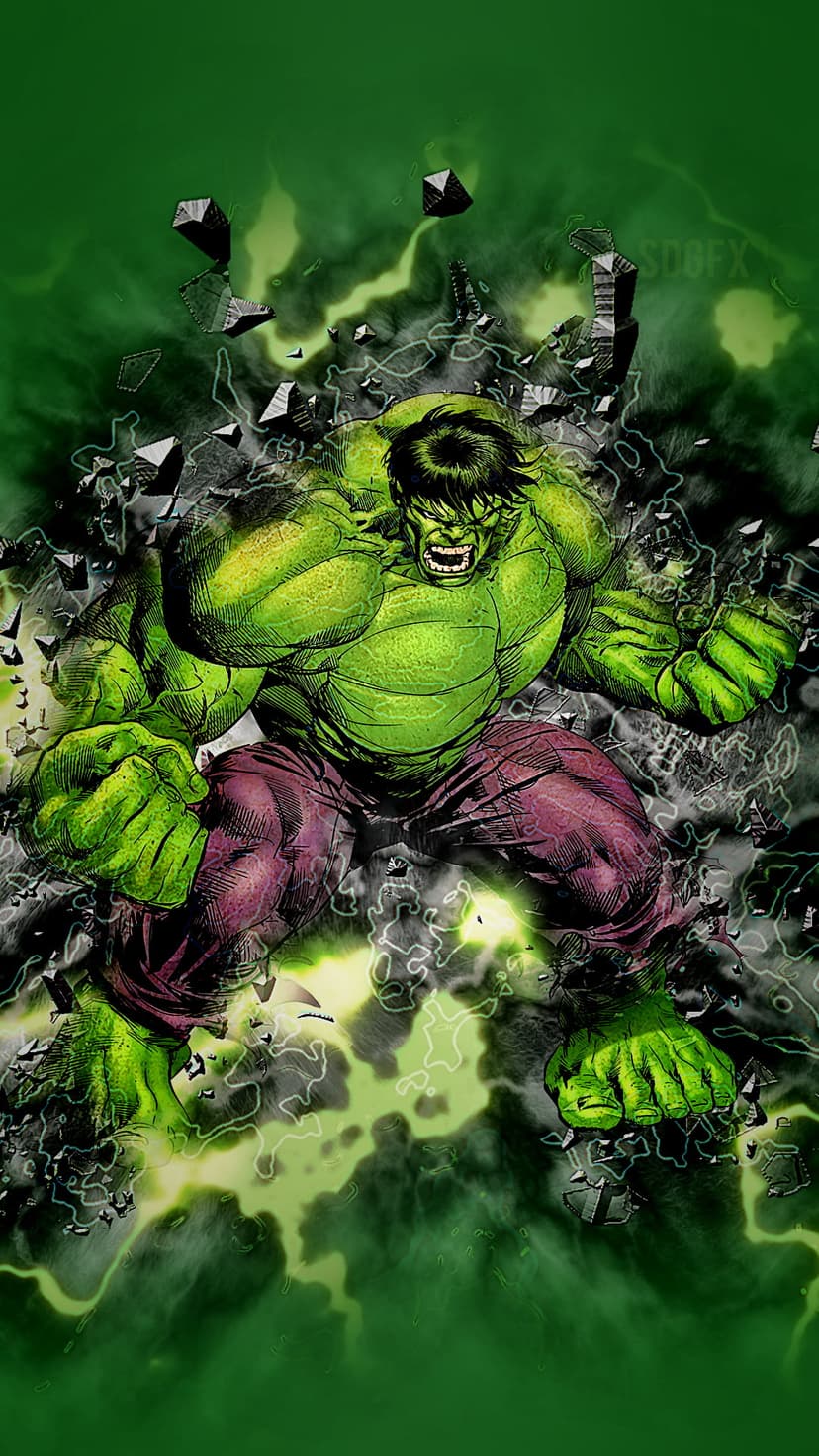The Hulk surges forward through exploding concrete fragments and glowing green energy with a furious expression.