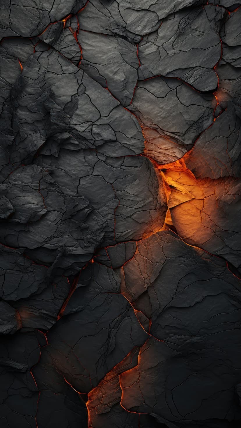 Molten orange lava glows between deep grey volcanic rock fissures in a textured vertical geological close-up.