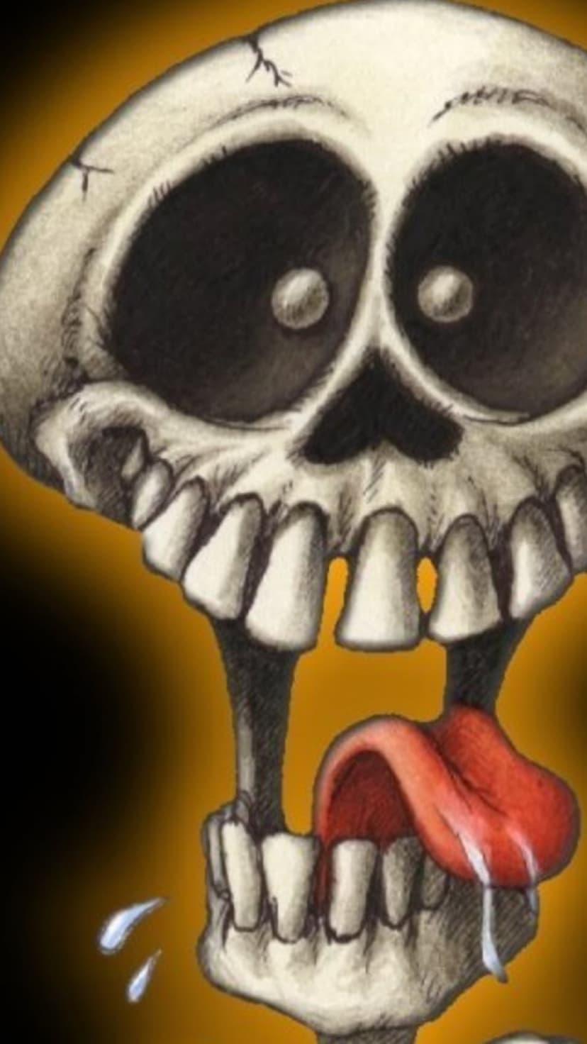 Skeleton head with large hollow eyes and a long red tongue hanging out against a dark orange background.