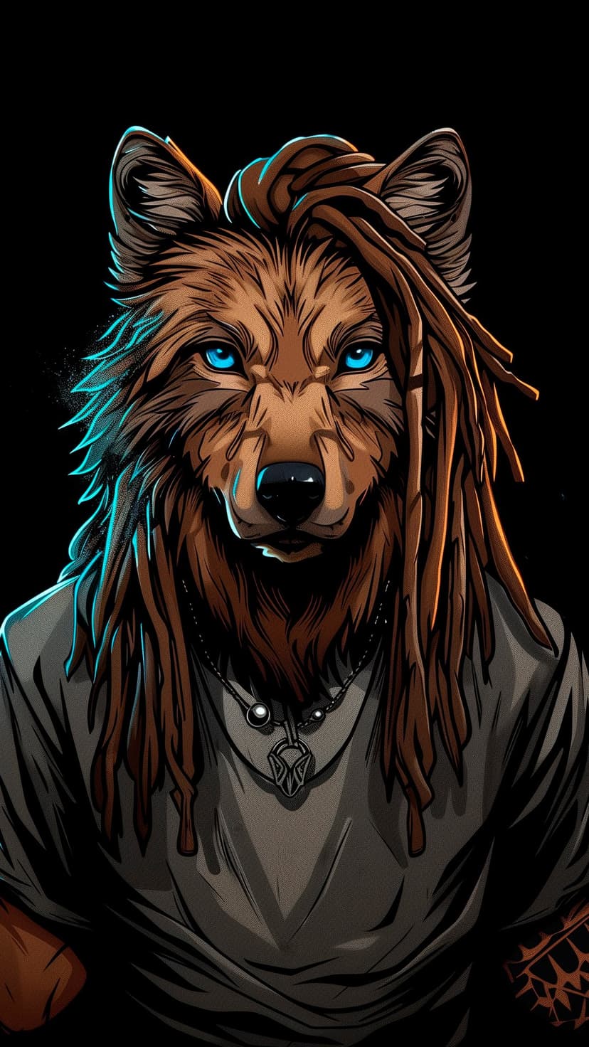 Wolf character with glowing blue eyes, brown dreadlocks, and a silver geometric necklace on a black background.