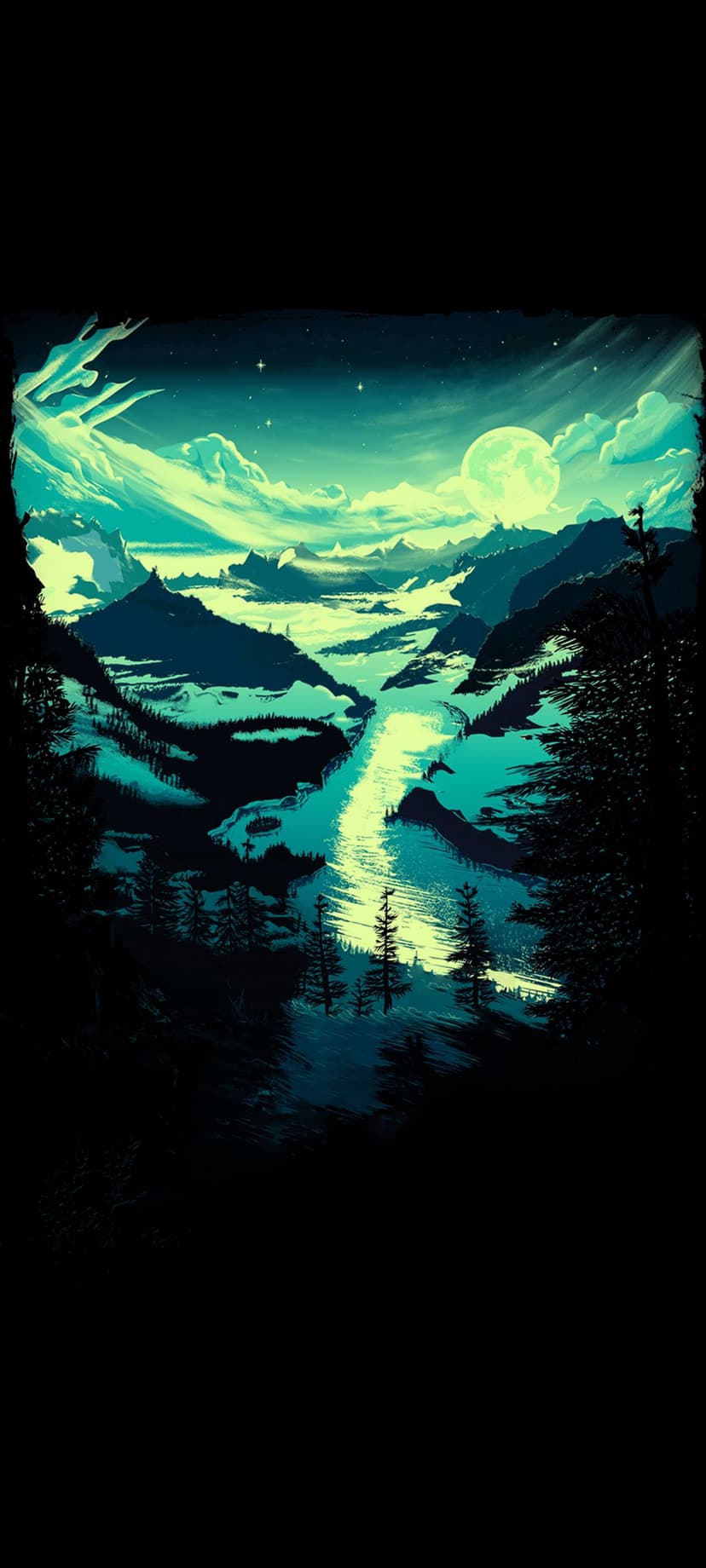 Luminous full moon hangs over a glowing river winding through snowy mountain peaks and silhouetted pine trees.