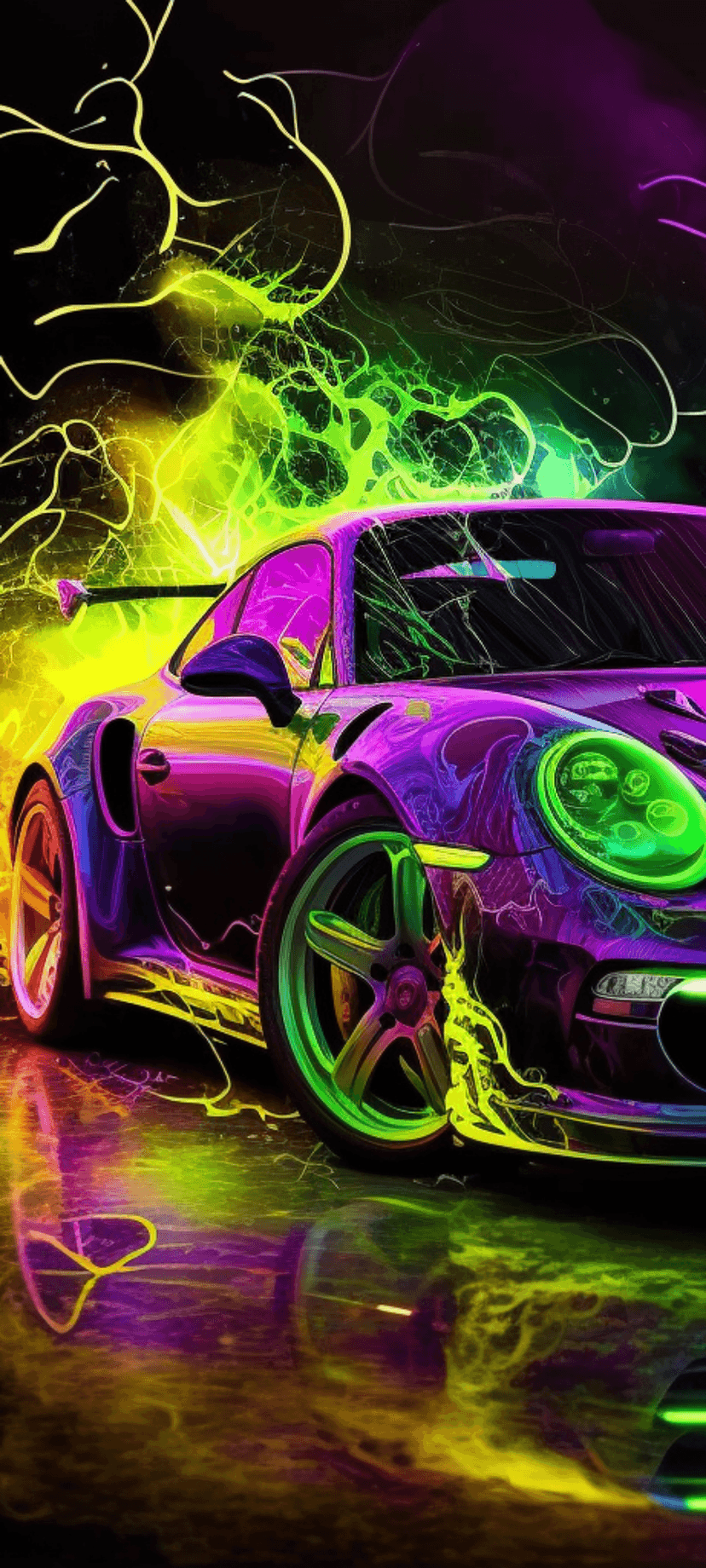 Purple Porsche 911 sports car surrounded by glowing yellow lightning bolts reflecting off a dark wet surface.