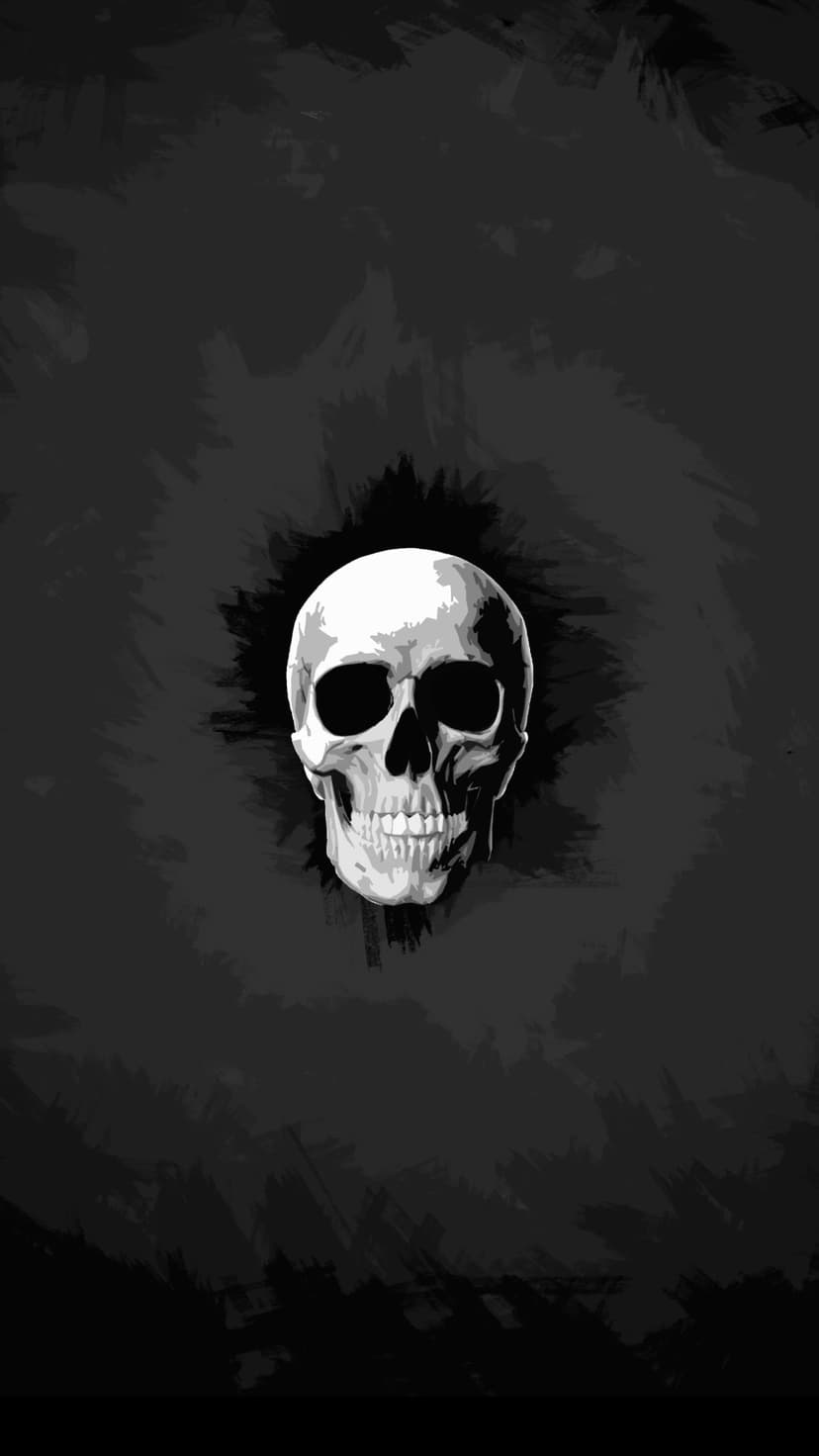 Human skull with deep eye sockets and visible teeth emerges from a textured black and white shadowy background.
