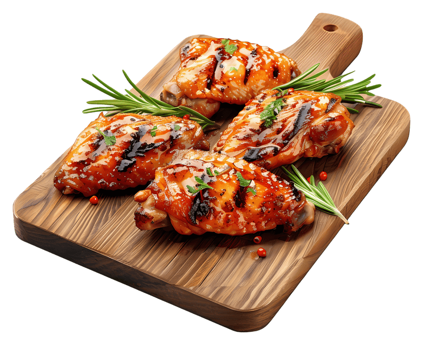Grilled chicken wings with rosemary on a dark wooden platter featuring charred skin and glistening meat textures.