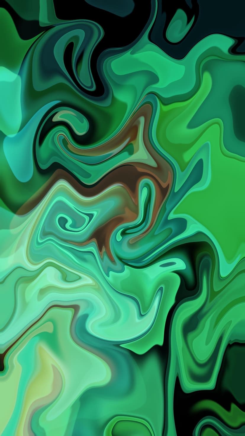 Emerald green and chocolate brown fluid swirls flow together in a layered, organic marble pattern with deep shadows.
