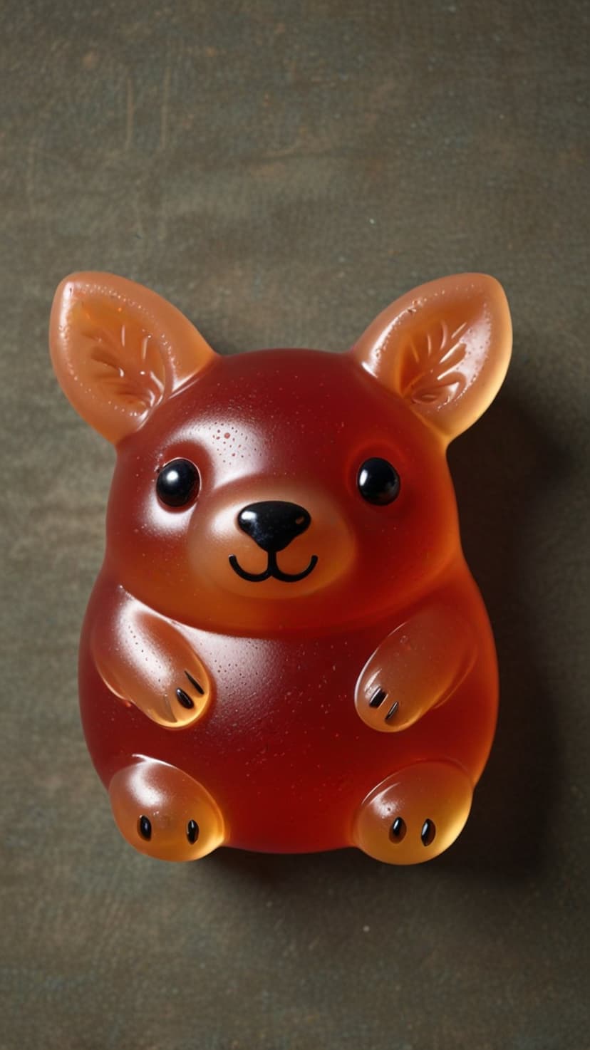 Amber koala gummy candy with black features rests on a textured dark surface in a high-contrast macro shot.