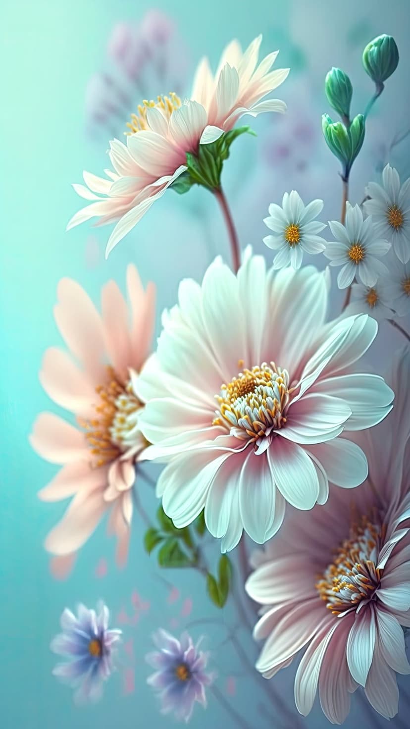 Pastel daisies with yellow centers and delicate pink petals float against a matte teal blue background.